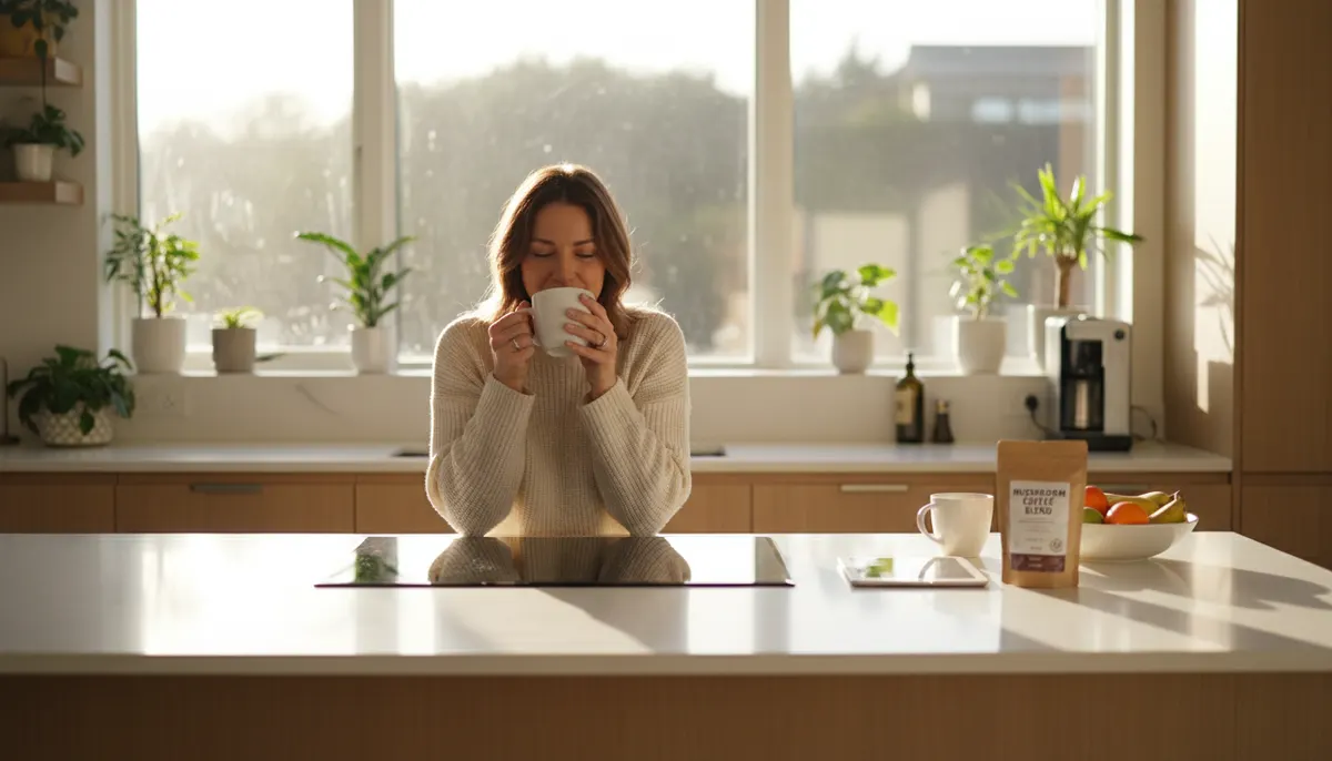 Woman in bright modern kitchen drinking mushroom coffee from white mug, morning sunlight streaming through windows, candid...