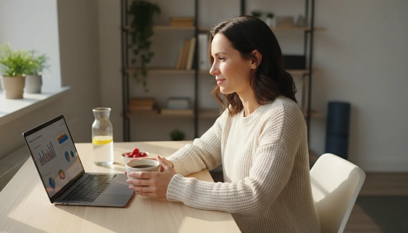 A health-conscious professional aged 30–45 at their desk mid-morning, holding a warm mug of coffee, looking focused and ca...