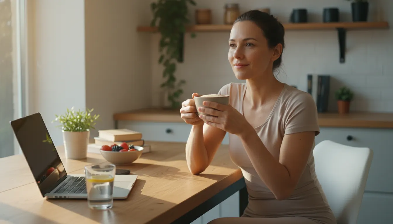 A health-conscious professional (25–45, any gender) in a bright home office or kitchen, mid-morning, holding a warm mug of...