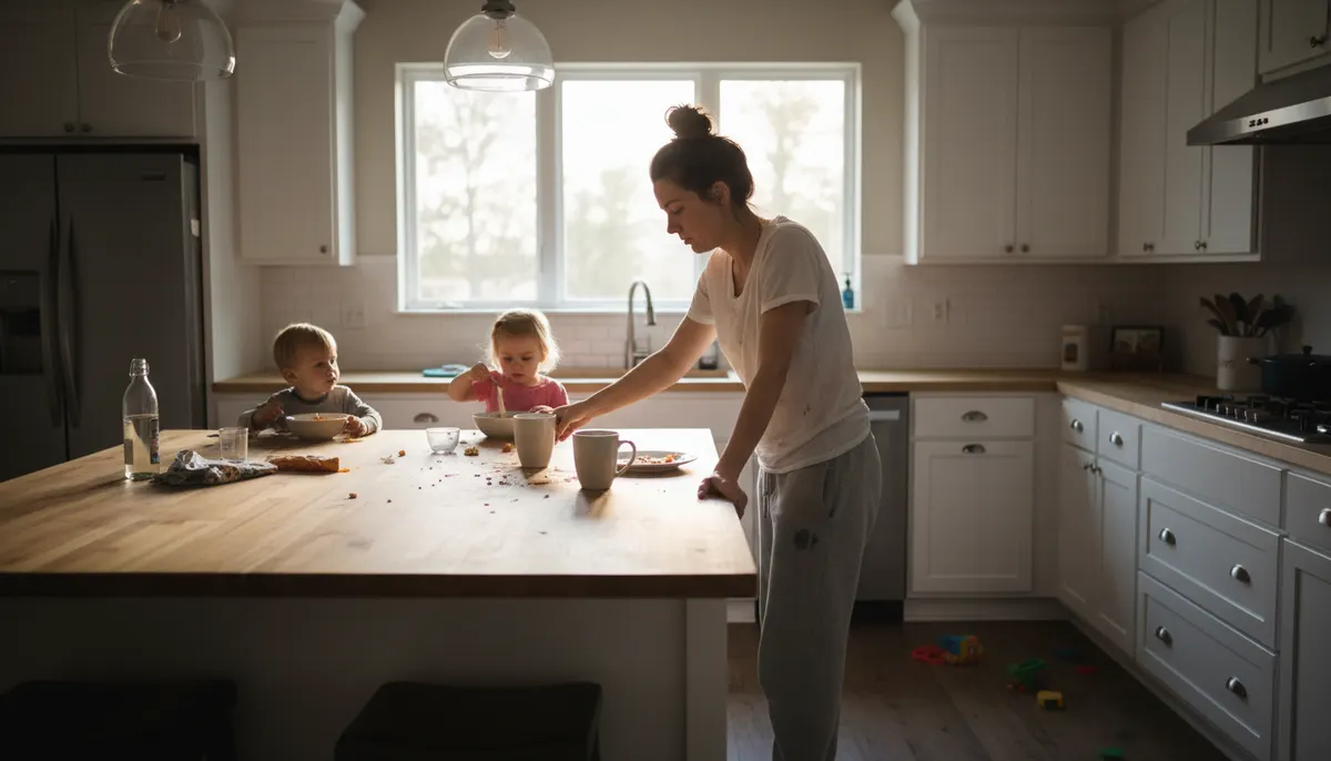 Exhausted busy mom in modern kitchen at 6:30am reaching for third coffee cup while children eat breakfast in background, n...