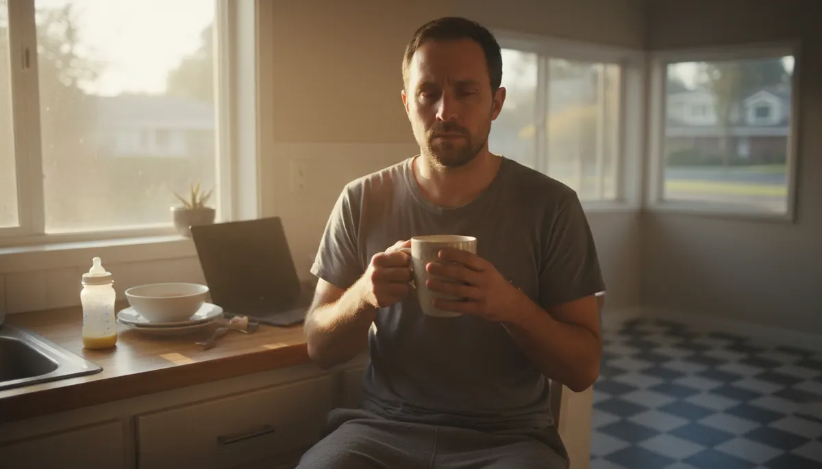 Tired but determined father in early morning kitchen at sunrise, holding coffee mug, looking exhausted yet ready to tackle...