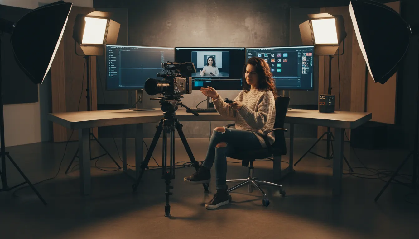 Professional content creator in modern studio setup with high-end camera gear, multiple lights, and monitors, looking frus...