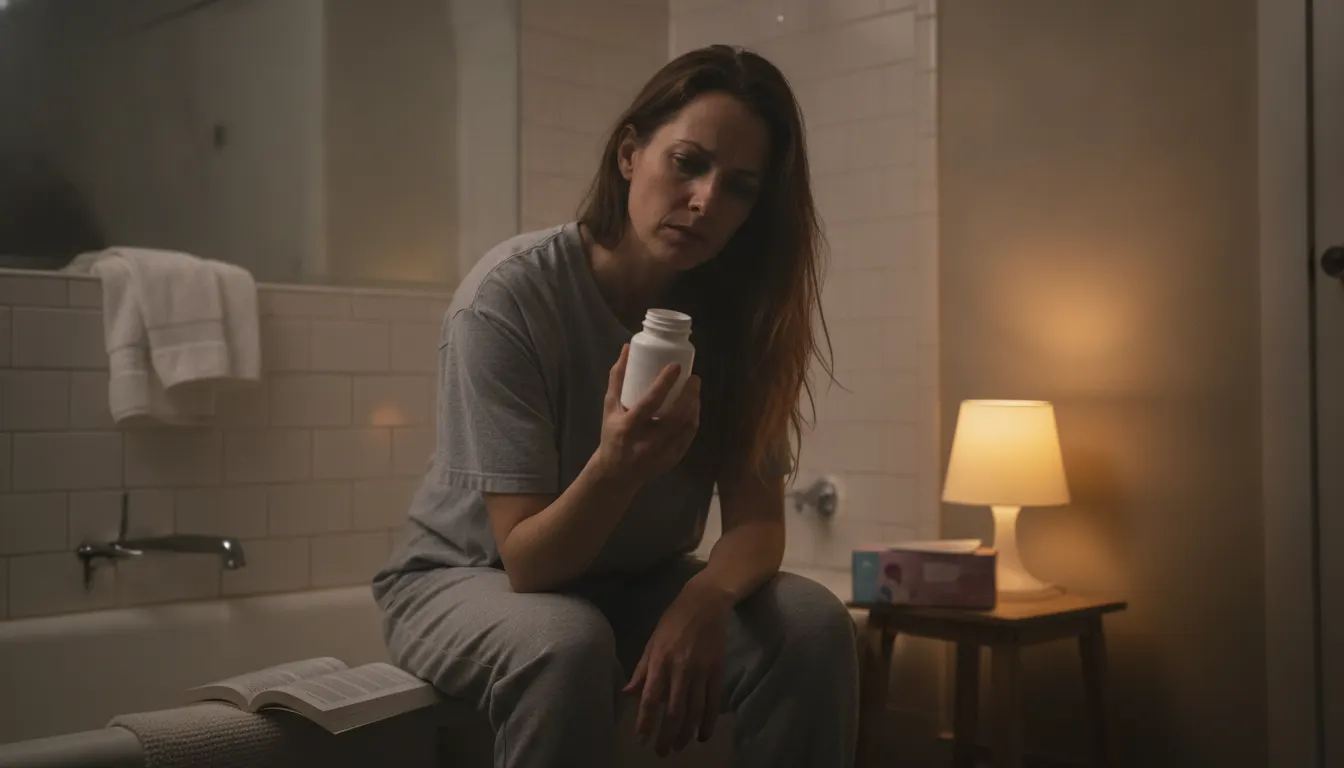 A woman with recurrent BV in her bathroom at night, holding an empty antibiotic bottle, looking frustrated and tired, soft...