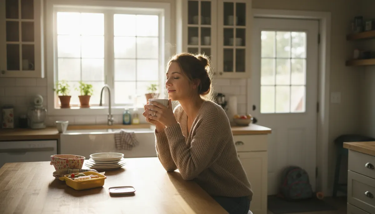 photo of a person starting their morning routine, warm natural window light, holding a mug, peaceful and focused energy. ,...