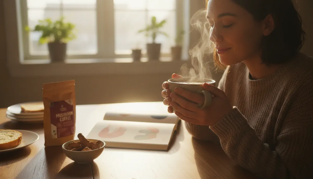 Person enjoying a steaming cup of mushroom coffee at a bright kitchen table during morning golden hour, natural sunlight s...