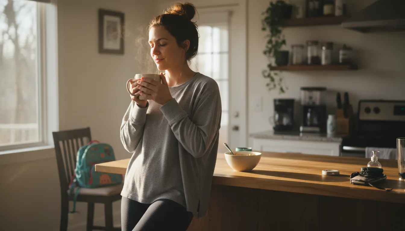 A busy mom in her kitchen early morning, holding a warm mug of coffee, wearing casual home clothes, natural soft light fro...