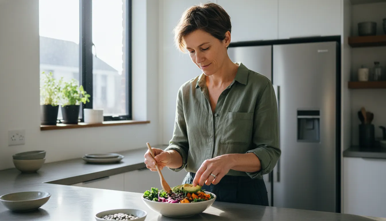 A health-conscious plant-based eater in their 30s–50s, thoughtfully plating a vibrant bowl of leafy greens, legumes, and w...