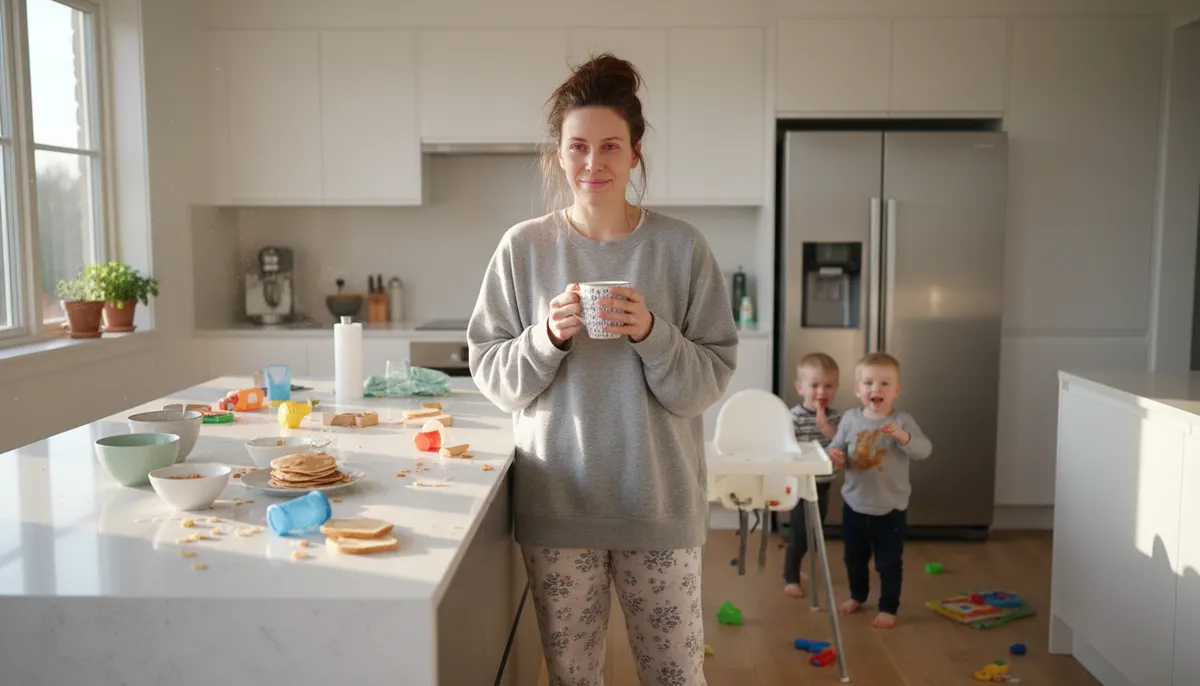 Exhausted but determined mom in bright modern kitchen holding half-empty coffee mug, surrounded by breakfast chaos, soft m...