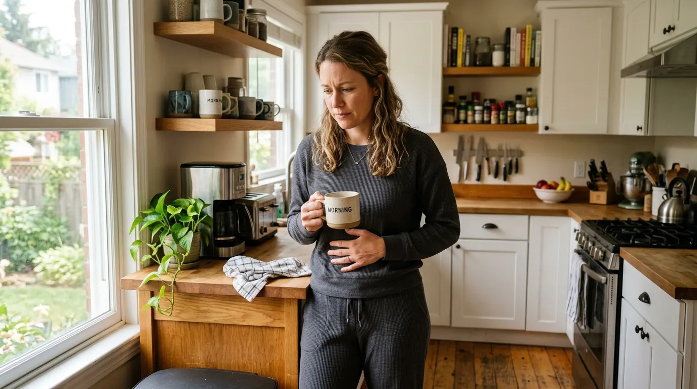 A woman in her late 30s, standing in her kitchen mid-morning wearing comfortable loungewear, holding a warm mug of coffee ...