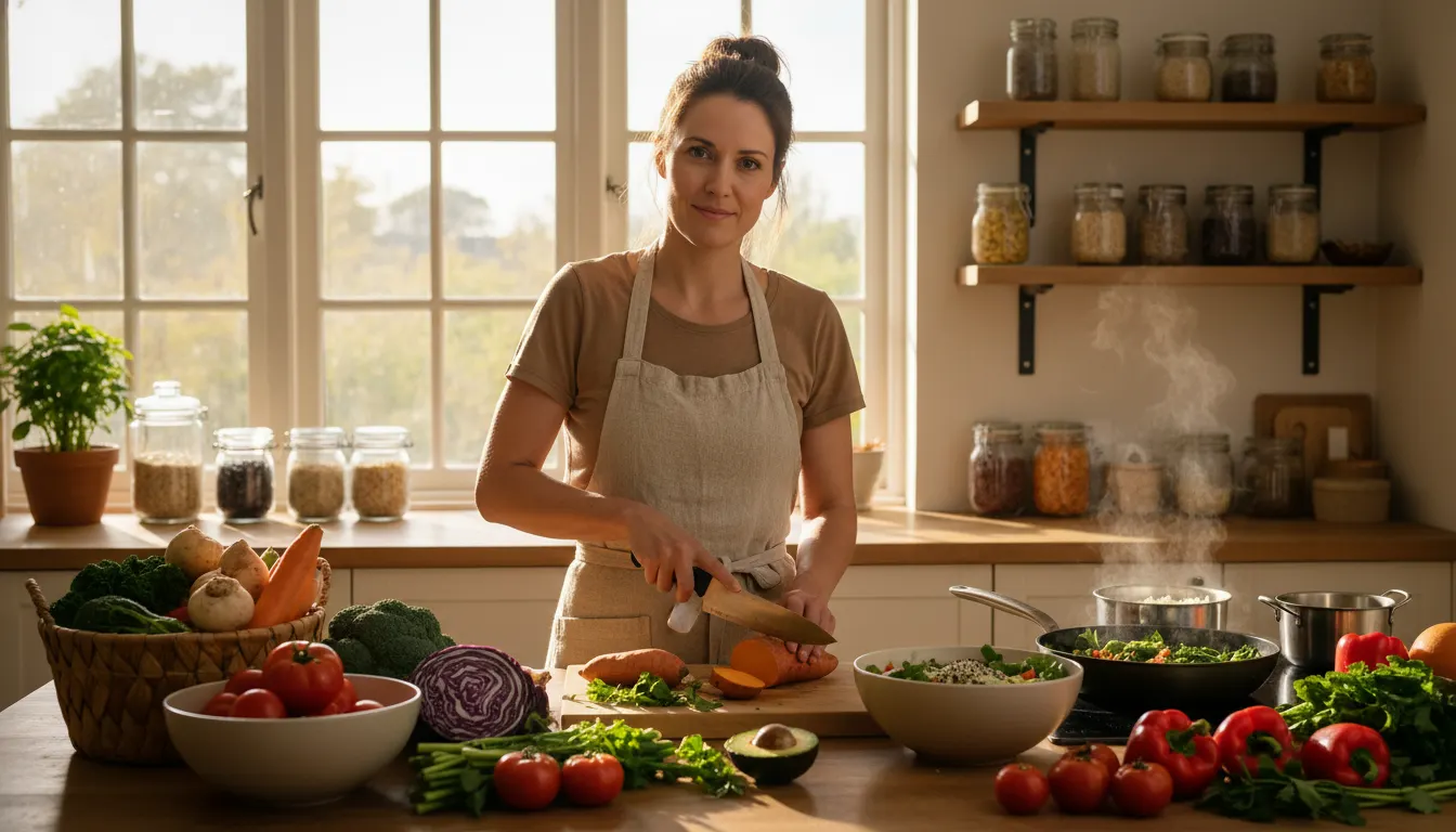 A plant-based eater confidently preparing a colorful whole-food meal in bright natural kitchen light, surrounded by fresh ...