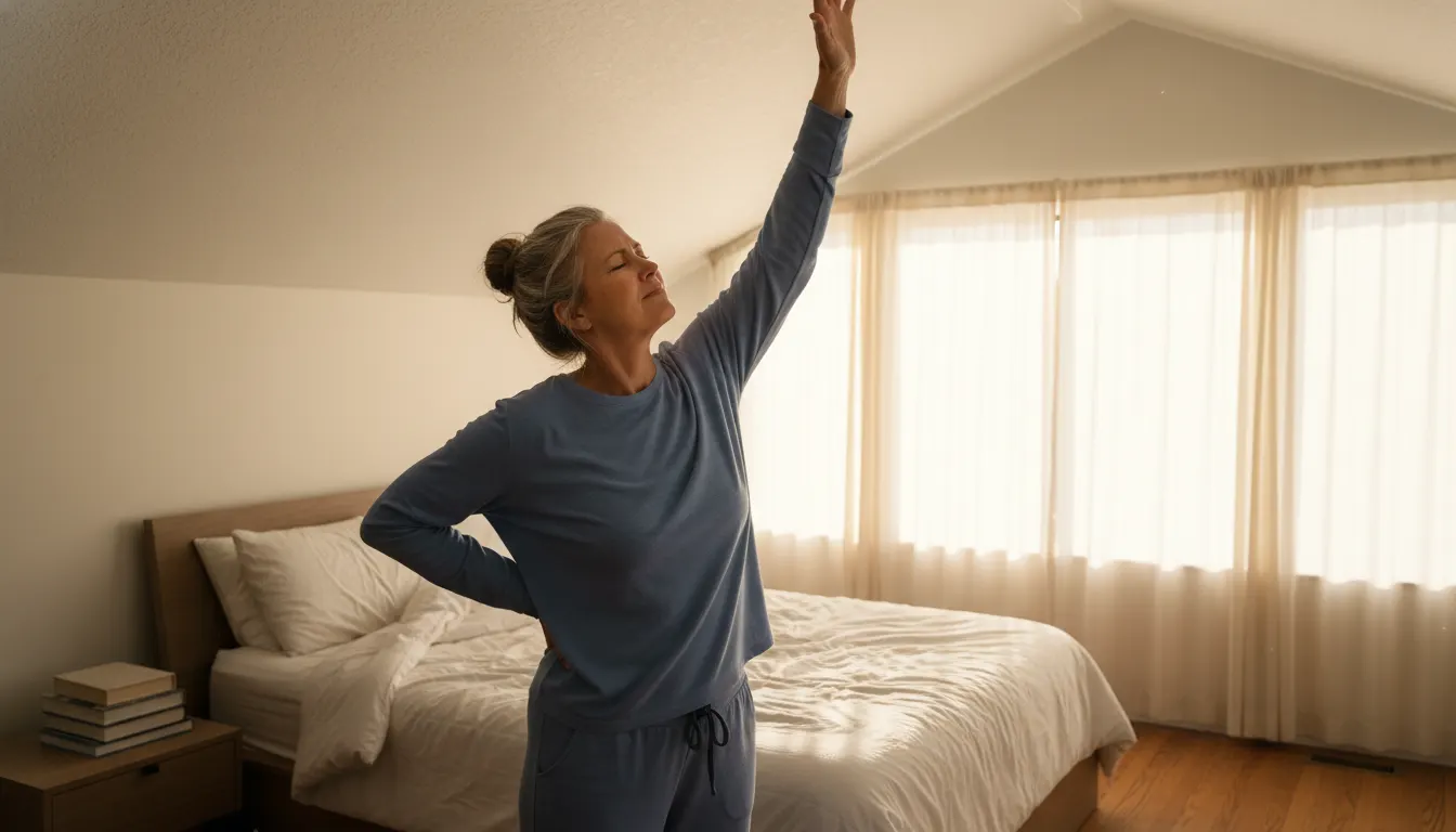 An adult in their 50s stretching in a sunlit bedroom at dawn, one hand reaching toward the ceiling with a slight wince, we...