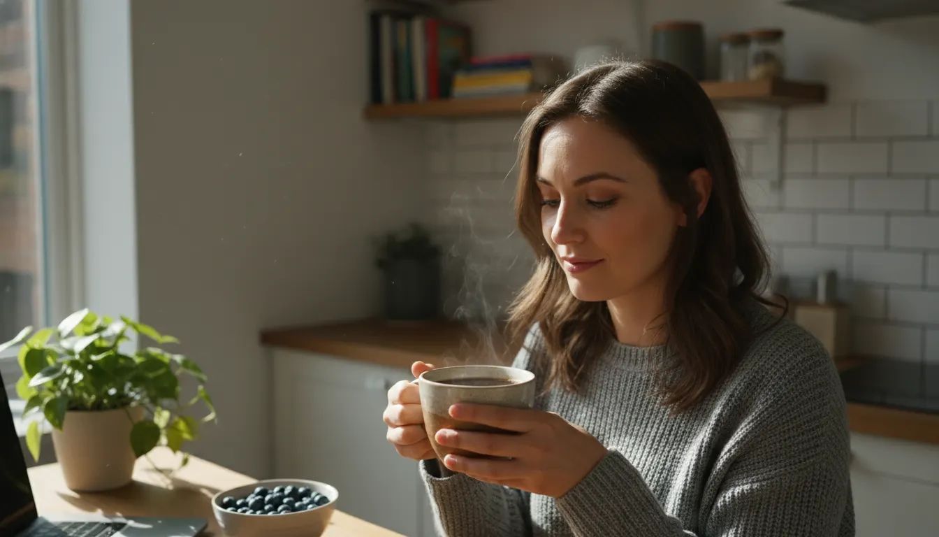 A health-conscious coffee drinker in their home office or kitchen, holding a warm mug of smooth, dark coffee with visible ...