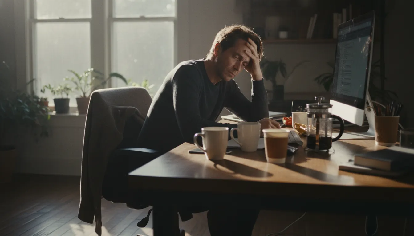 A high-performer knowledge worker in their late 20s–40s sitting at a desk mid-afternoon, visibly fatigued despite multiple...