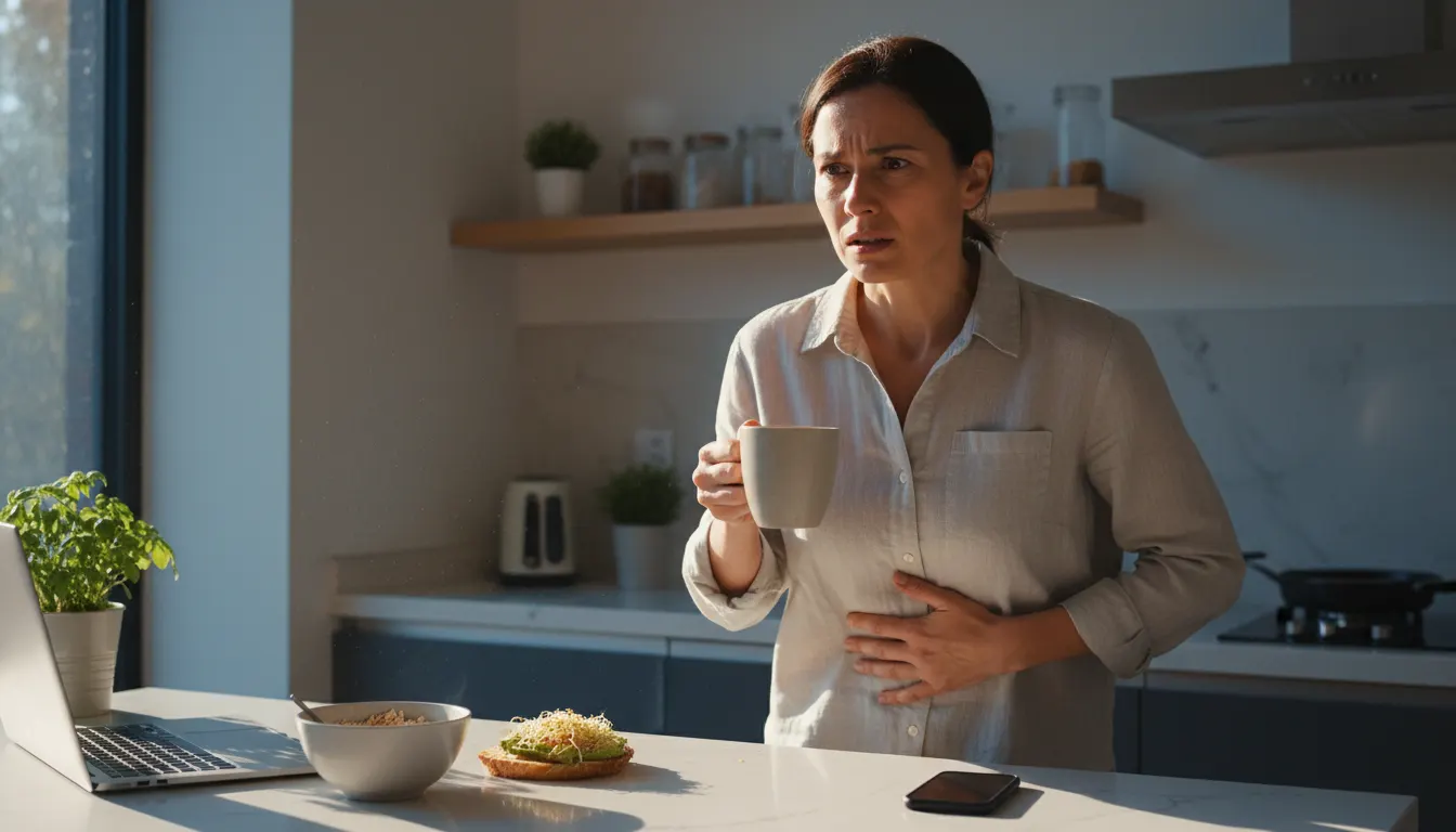A health-conscious professional at a bright morning kitchen counter, holding a mug of regular coffee with a grimace of jit...