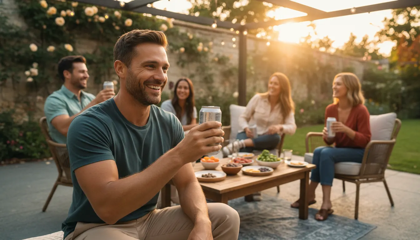 A health-conscious adult in their 30s raising a cold can of sparkling beverage at a relaxed outdoor gathering with friends...