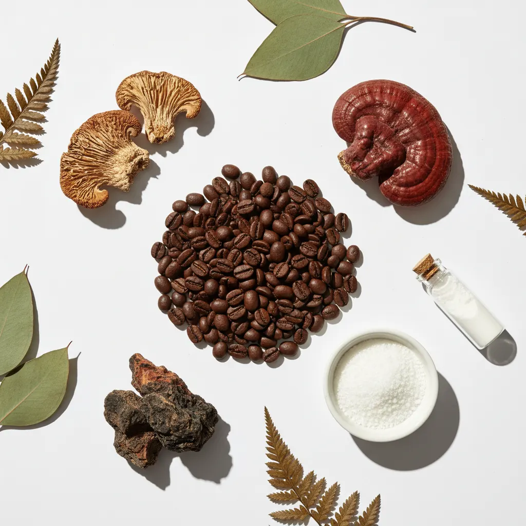 Flat lay arrangement of premium ingredients: whole organic coffee beans, lion's mane mushroom caps, reishi mushroom, chaga...