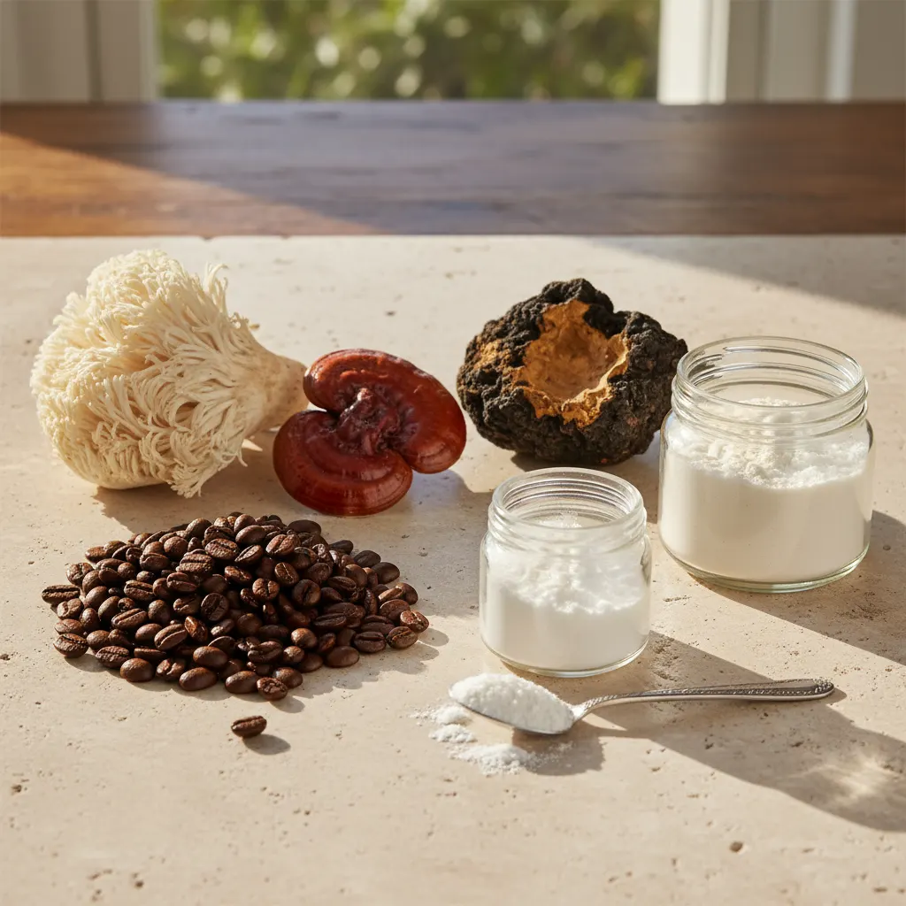 Six ingredient showcase: organic coffee beans, lion's mane mushroom fruiting body, reishi mushroom, chaga mushroom, L-thea...