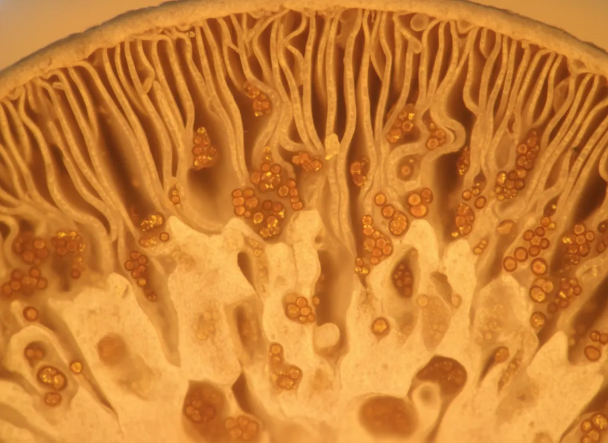 Close-up macro shot of a mushroom fruiting body cross-section with visible cellular structure, warm scientific lighting hi...