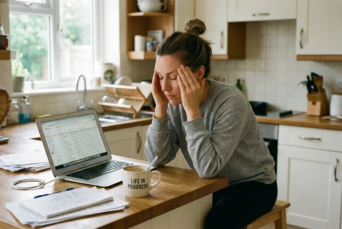 A woman in her late thirties at her kitchen counter mid-afternoon, rubbing her temples with both hands, eyes closed, lapto...
