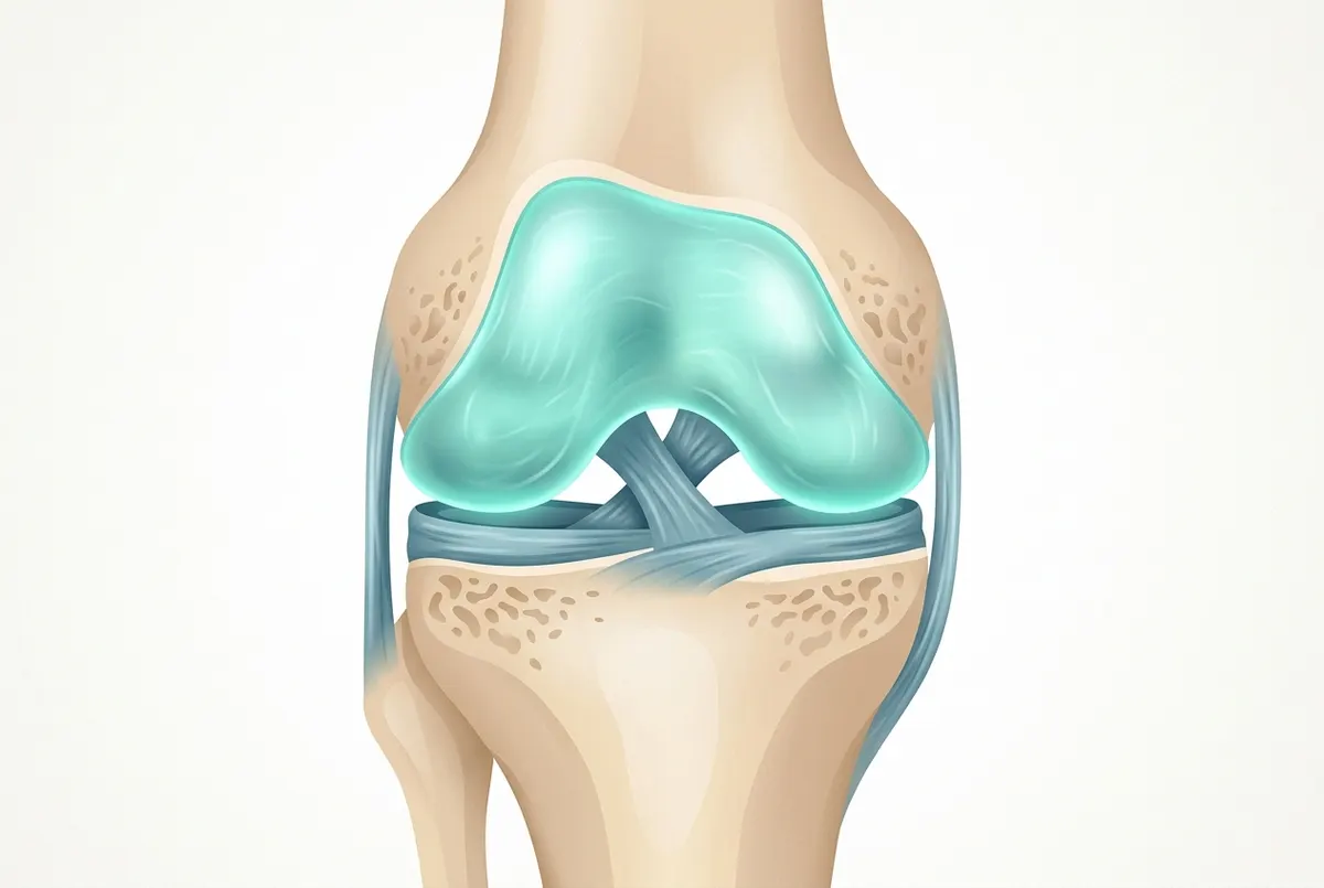 Translucent anatomical of a single knee joint in cross-section, centered with generous margins, showing the smooth glowing...