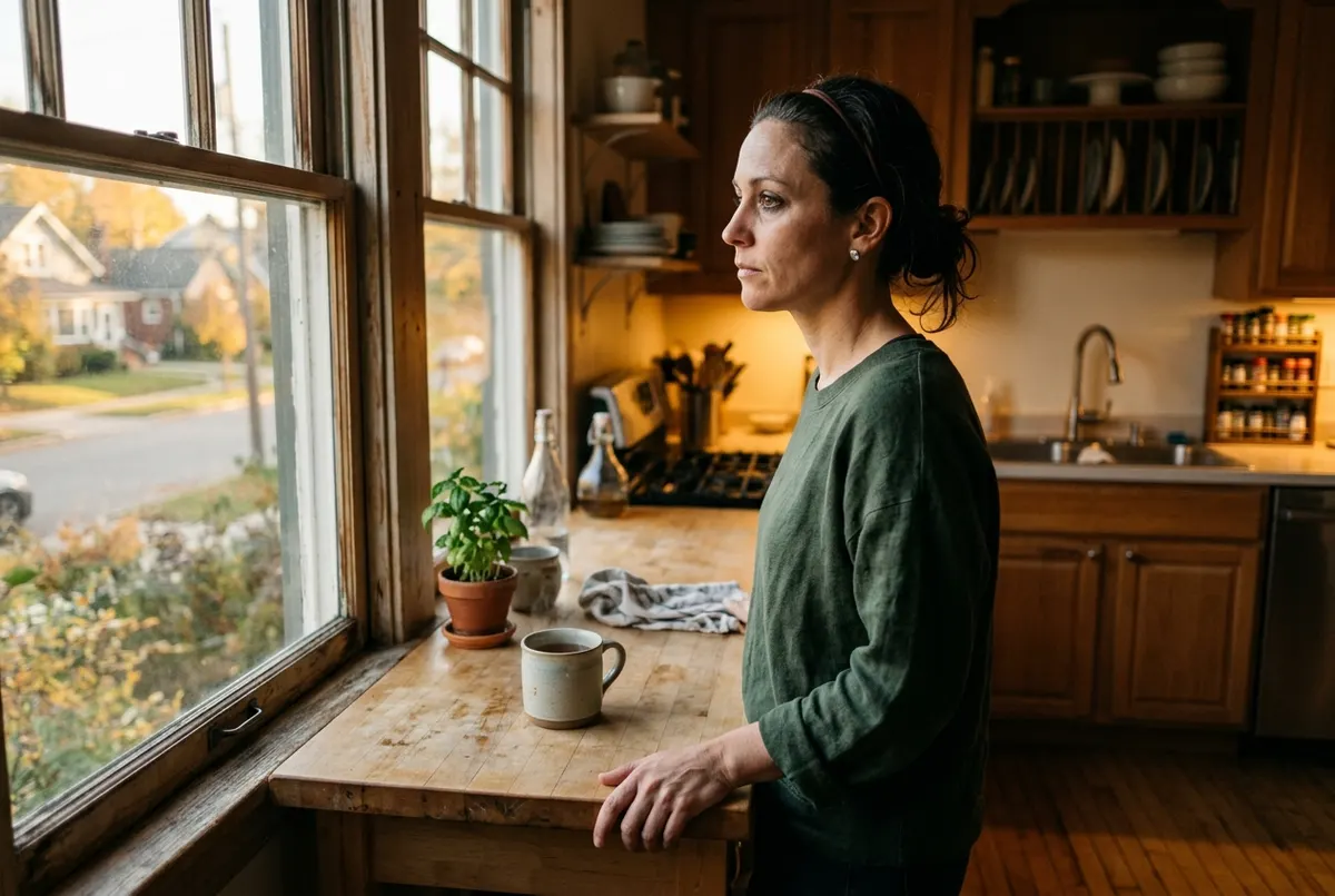 A woman in her late thirties stands at a kitchen window during late afternoon, one hand on the counter edge, gazing out wi...