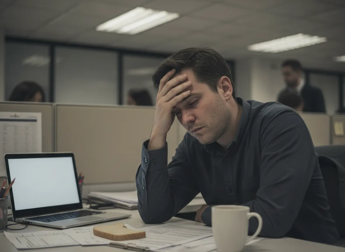 Mid-afternoon office worker looking tired and stressed at desk, hand on forehead, dim overhead lighting, visual fatigue an...