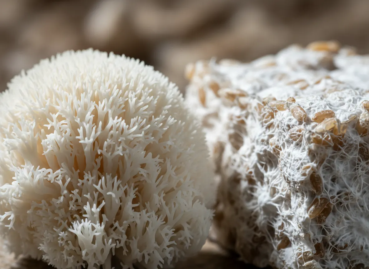Close-up macro photography of fresh Lion's Mane fruiting body mushroom next to mycelium on grain, dramatically lit showing...