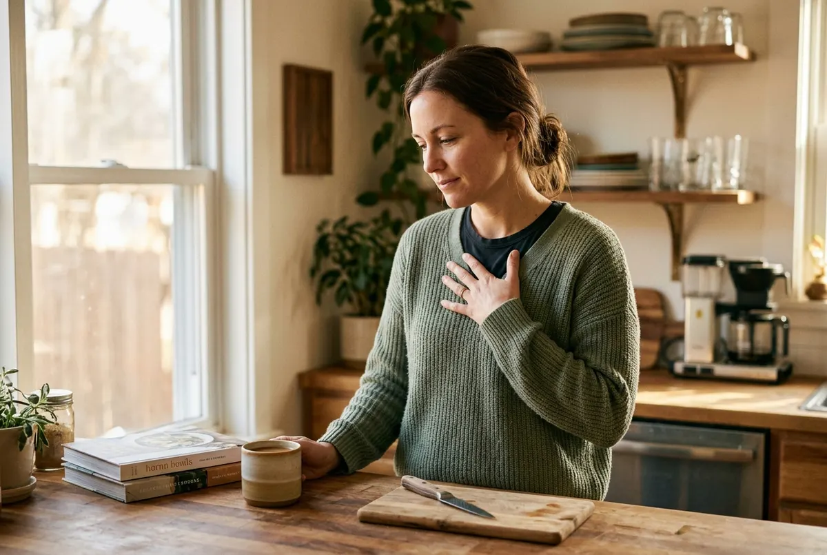 A woman standing at a kitchen counter mid-afternoon, hand pressed gently to her chest, eyes looking down with a moment of ...