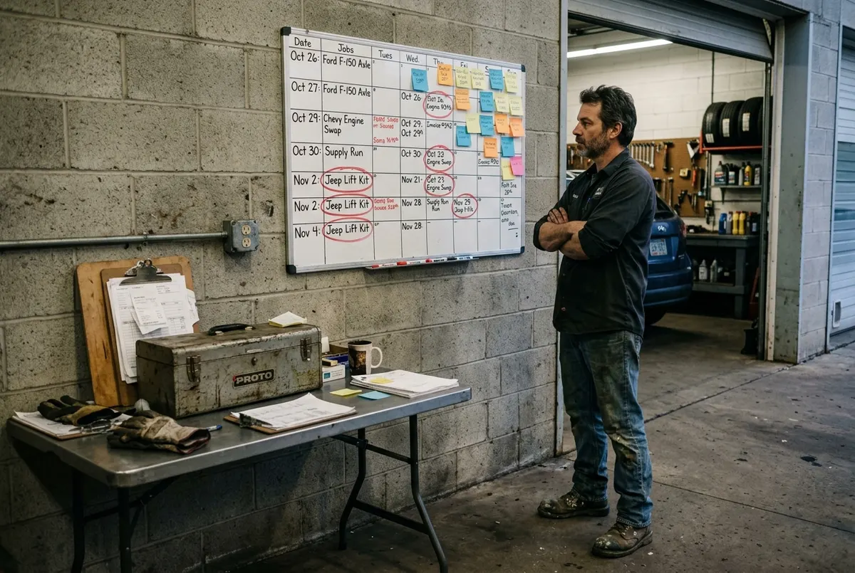 A man in his early forties stands in a small commercial garage bay at dusk, arms crossed, staring at a whiteboard calendar...