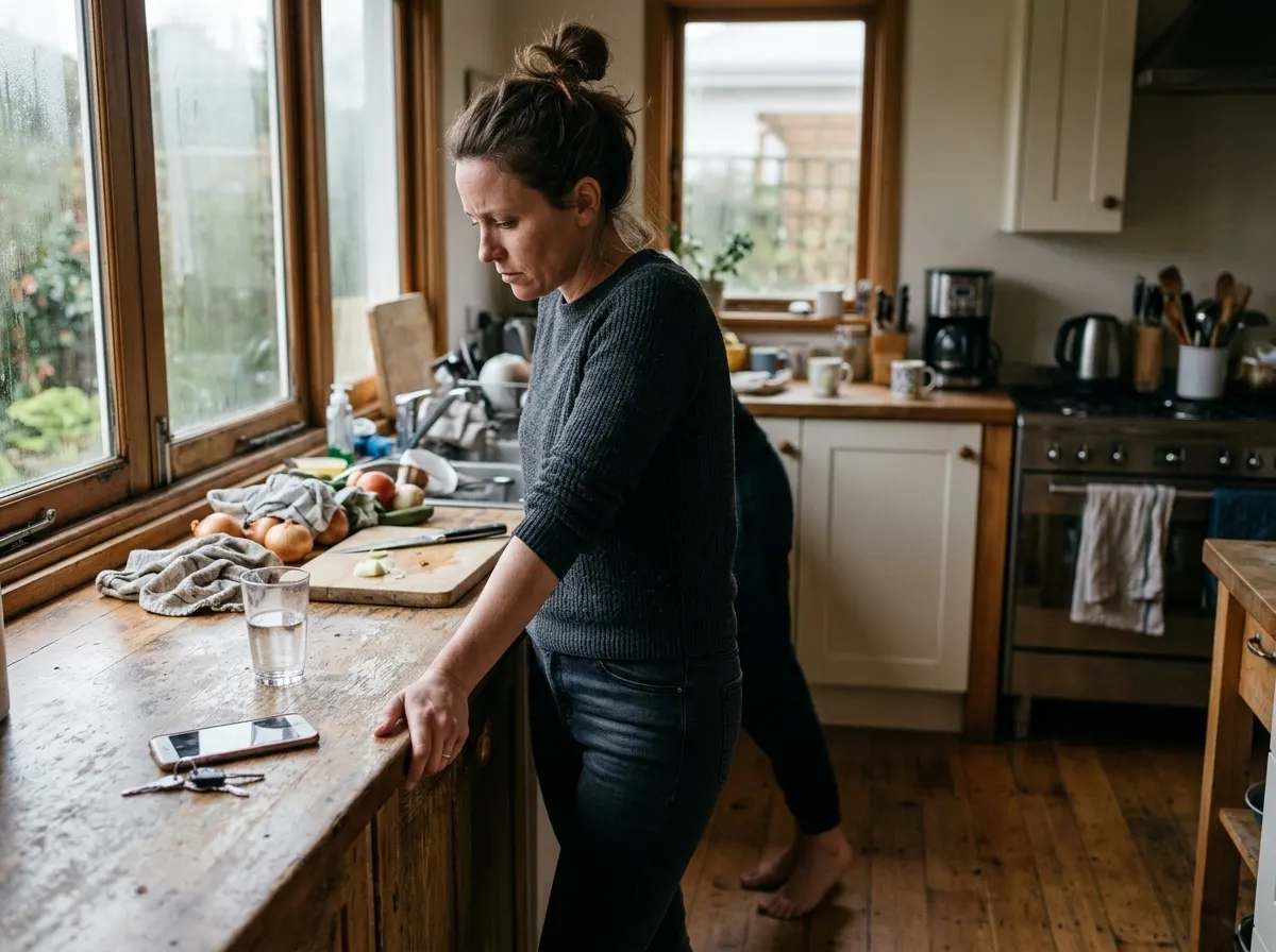 A woman at her kitchen counter mid-afternoon, standing with one hand on the counter edge, shoulders tight, subtle tension ...