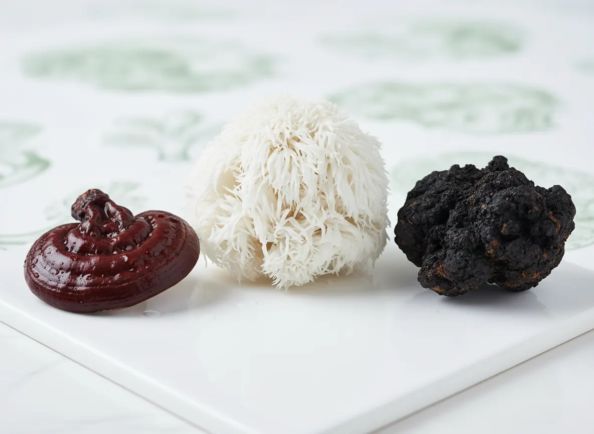 Close-up macro of mushroom fruiting bodies—lion's mane white tendrils, reishi dark red cap, chaga dark chunk—arranged on l...