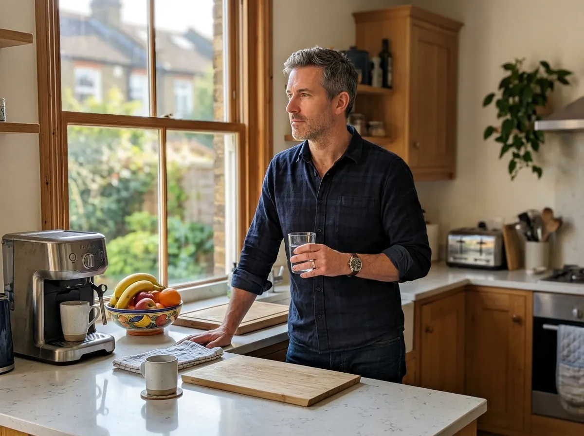 A working man in his forties standing at a kitchen counter in the morning, looking thoughtful while holding a glass of wat...