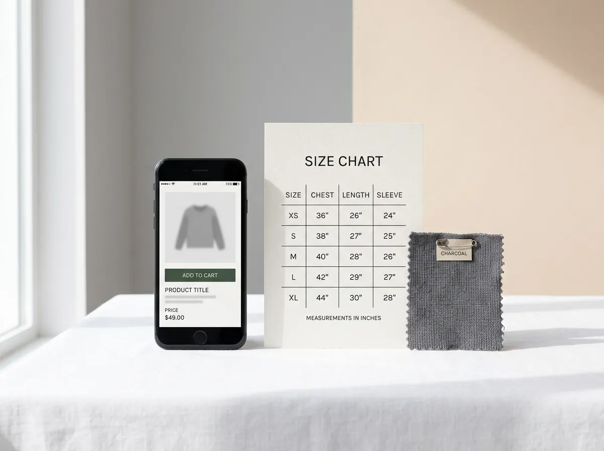 A close-up flat lay of a product listing on a phone screen next to a printed size chart and a fabric swatch, arranged on a...