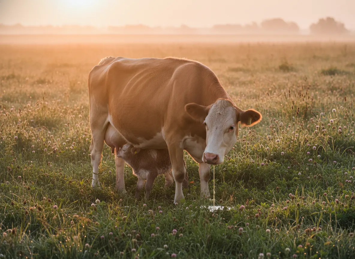 Grass-fed dairy cow in a lush pasture moments after giving birth, calf nearby, golden-hour sunlight highlighting the rich ...