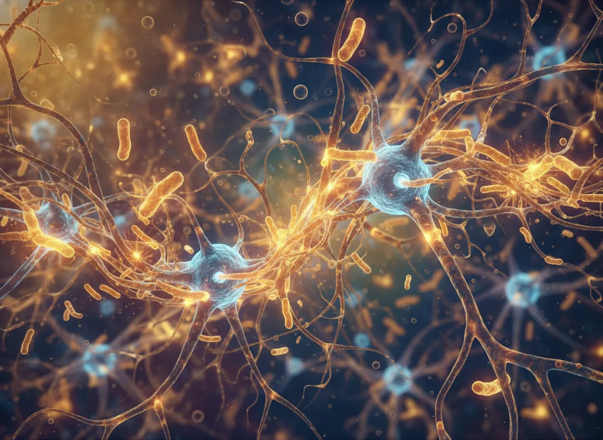 Close-up of human gut microbiome visualization merged with brain neurons glowing softly, warm amber and blue bioluminescen...