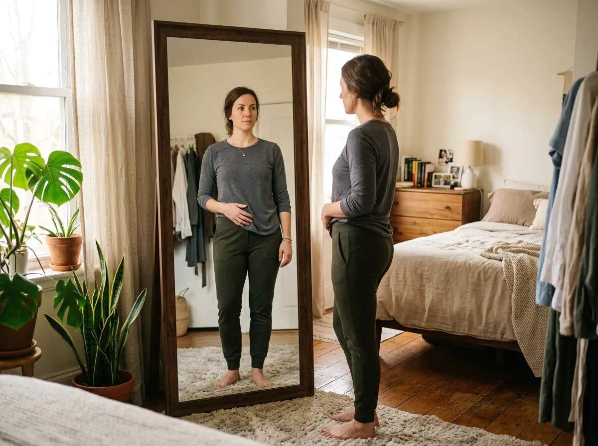 A woman standing in front of a full-length mirror in a bright, naturally lit bedroom, examining her reflection with focuse...