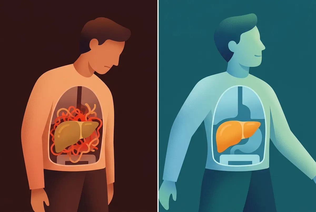 An showing a simplified figure in profile view with a translucent torso cutaway revealing the liver as a muted amber shape...
