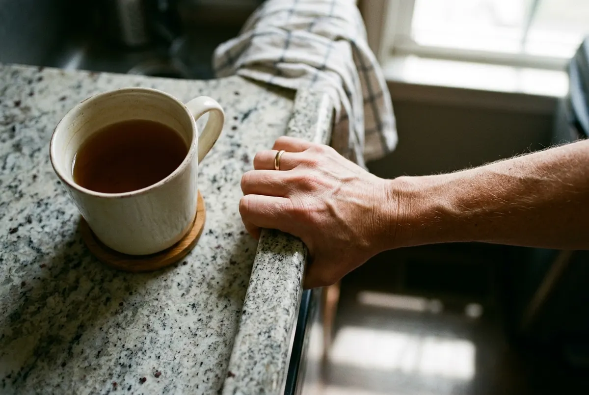 A close-up of a woman's hand gripping the edge of a kitchen counter, knuckles slightly white, her forearm tense. The count...