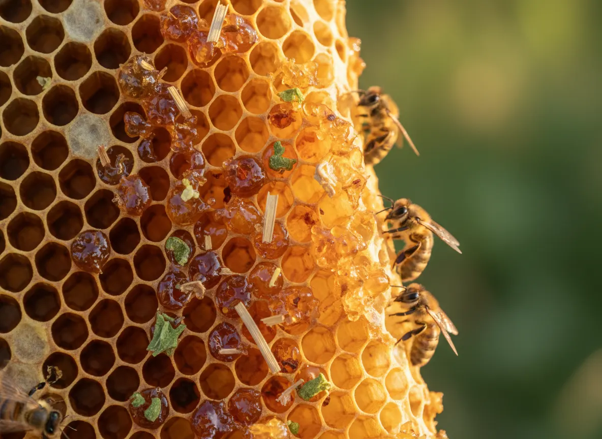 A close-up macro shot of golden propolis resin on honeycomb with plant materials and bee activity visible, warm golden-hou...