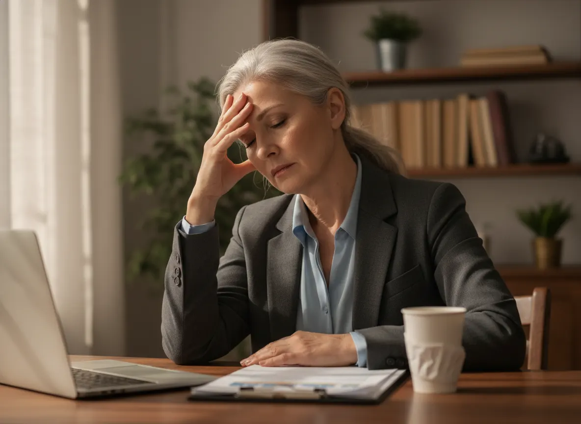 A mature professional (50+) at a desk around 2pm, visibly experiencing afternoon energy crash—hand on forehead, empty coff...