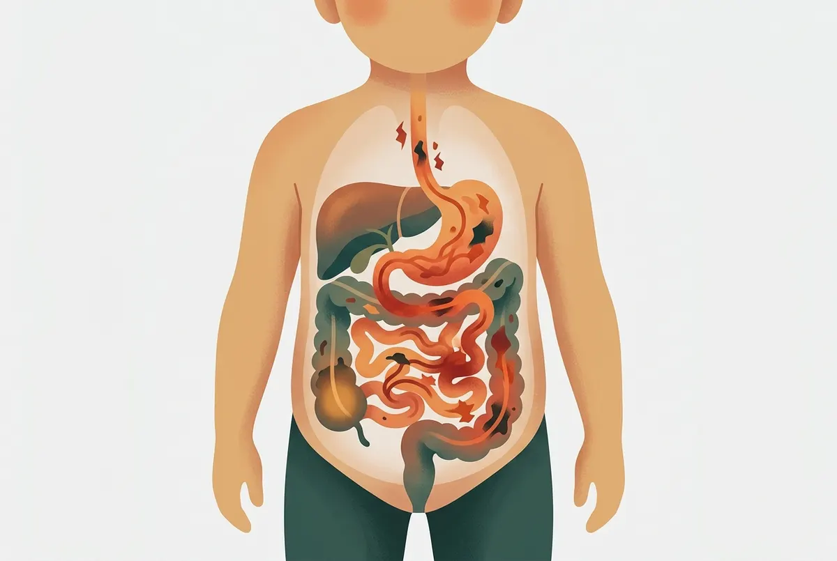 A transparent illustrated cross-section of a child's digestive system centered in the frame with generous margins, warm ta...