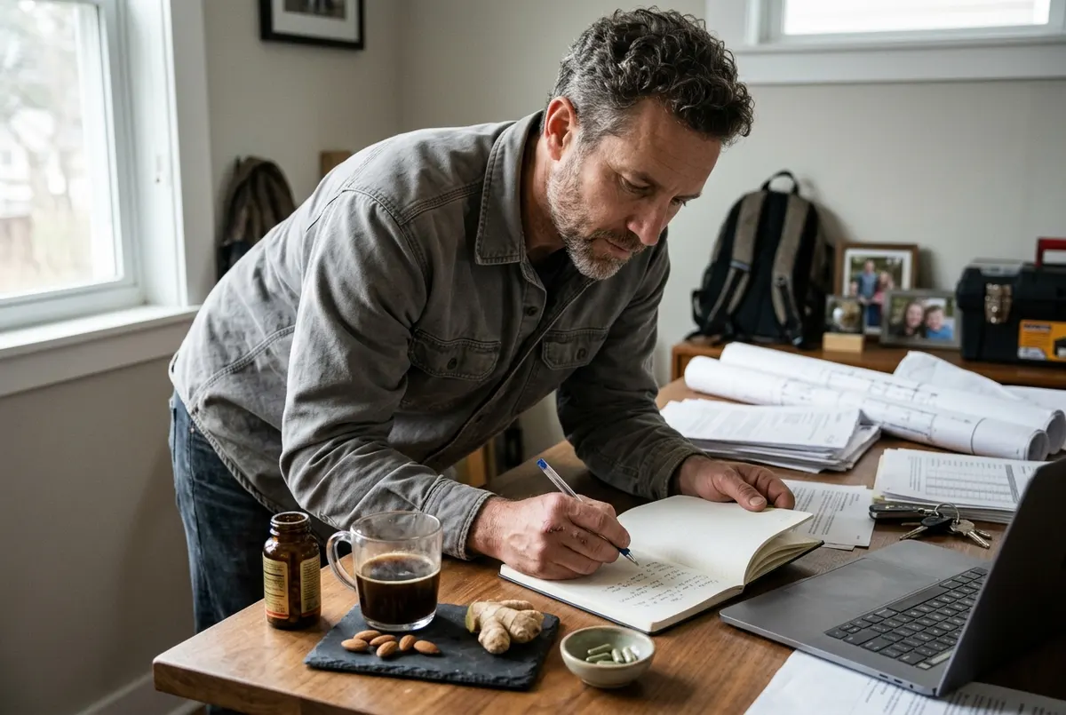 Real candid moment — someone at a desk in the morning, coffee or supplement nearby, natural light, focused and calm. Shot ...