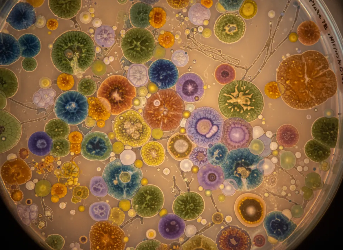 Macro close-up of bacterial culture or petri dish under soft laboratory light, showing colorful colonies or microscopic de...