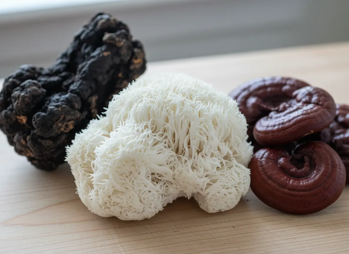 Close-up macro shot of whole mushrooms — Lion's Mane white, Reishi dark red, Chaga black — arranged on light wood surface ...