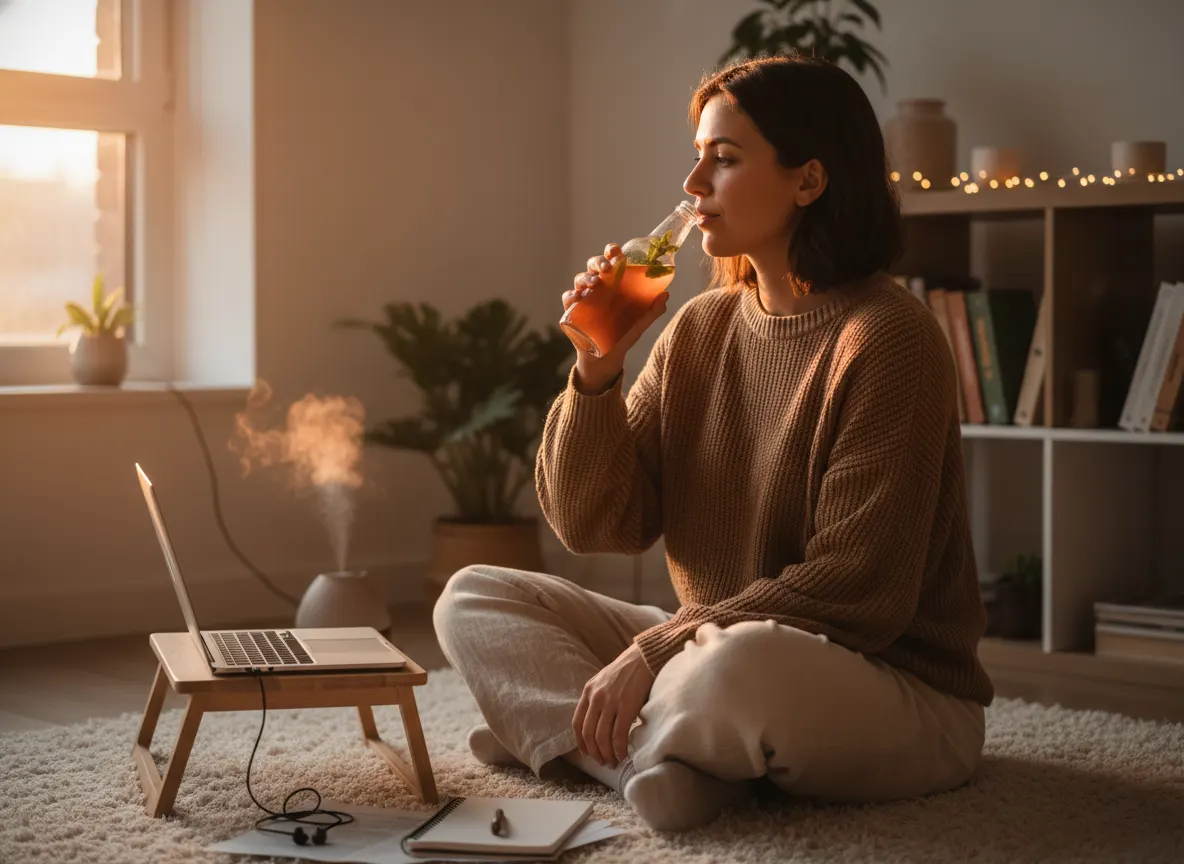 A calm, wellness-minded person in evening light transitioning from work stress to relaxation, holding a functional beverag...
