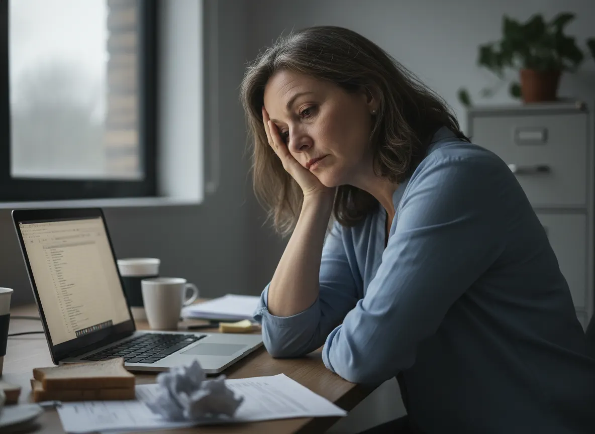 A woman in her 50s at a desk mid-afternoon, visibly fatigued and unfocused, resting her head on her hand while staring at ...