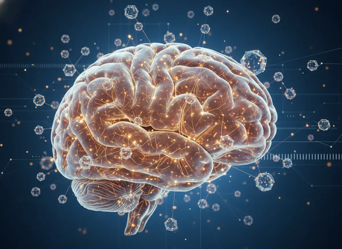 Close-up of a brain with glowing neural pathways, adenosine molecules floating, soft scientific visualization blended with...