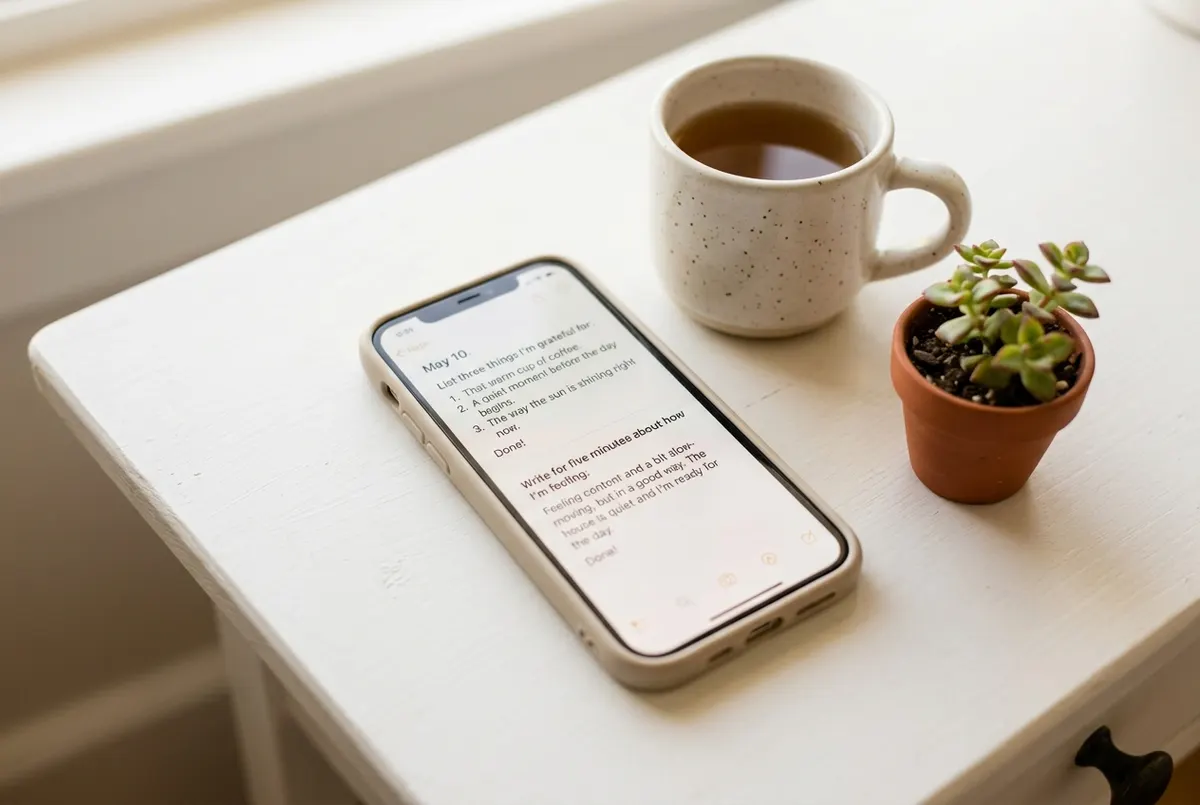 A simple white desk surface in bright natural morning light, showing a phone displaying a journaling app interface with tw...