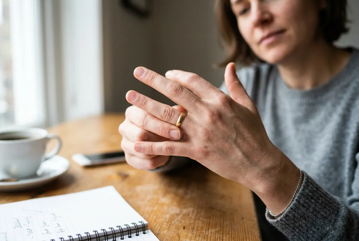 A person's hand in their thirties absently twists a simple ring on their finger while sitting at a wooden desk, the gestur...