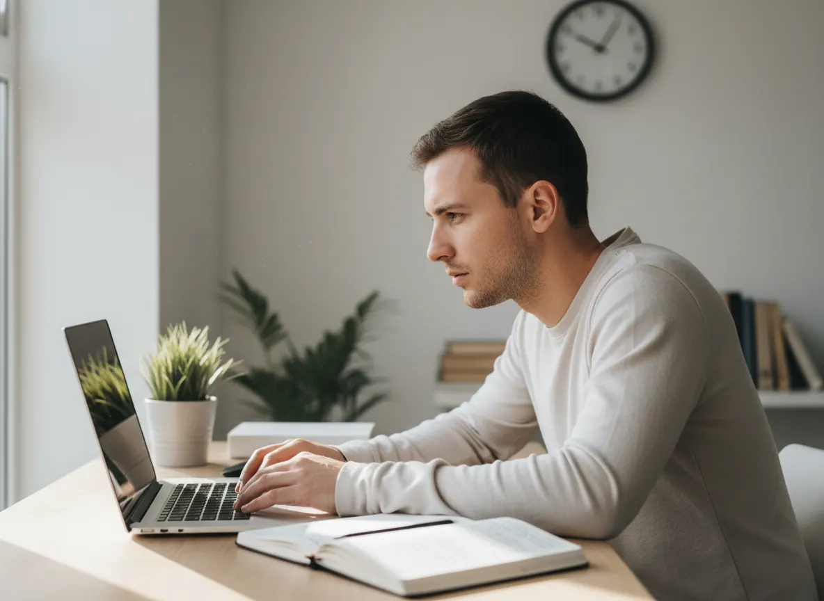 A focused professional or student in a bright, minimal workspace leaning forward with engaged concentration, laptop and no...